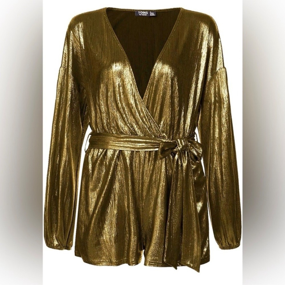 Yoins Sz XL Metallic‎ Gold Wrap Tie Front Romper Pockets Holiday Glam New Years